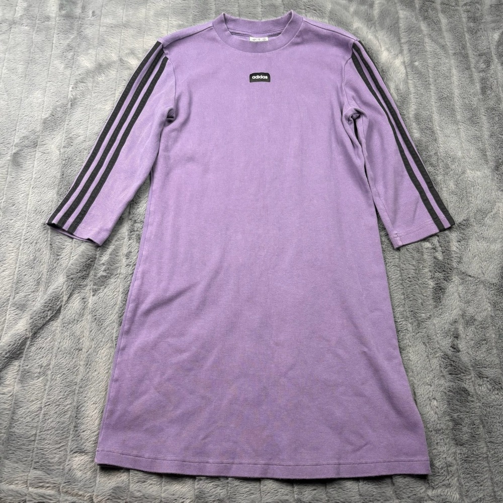 Adidas Womens Purple Ribbed Knit 3-Stripe T-Shirt Dress Small 14339